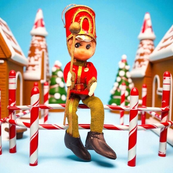 Vintage 1950s Elf Toy Soldier Ornament • Red Green Felt with Velvet Gold Trim • - Picture 1 of 10